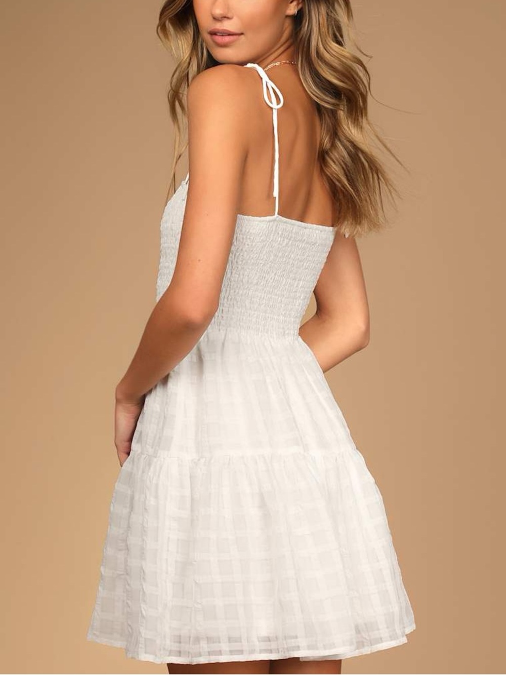 LULUS Crush On You White Plaid Tie-Strap Smocked Mini Dress summer trending